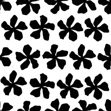 El çizimi çok az soyut çiçek arkaplanı. Kumaş, tekstil, giysi, duvar kağıdı, kapak, pankart, ev dekorasyonu için siyah beyaz organik şekilli kusursuz desen. Vektör illüstrasyonu