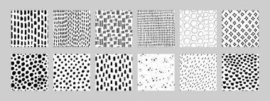 Soyut şablon ayarlandı. Siyah ve beyaz el, yağmur damlaları, noktalar ve daireler gibi eğlenceli tasarımlarla kusursuz desenler topladı. Ambalaj, kırtasiye, geçmiş ve tekstil projeleri için harika.