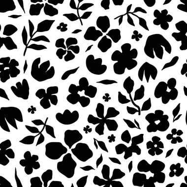 Elle çizilmiş siyah çiçekli kusursuz çiçek deseni ve beyaz arka planda yapraklar. Modern botanik tasarımı, tekstil, duvar kağıdı, ambalaj, kırtasiye ve modaya uygun dijital projeler için mükemmel..