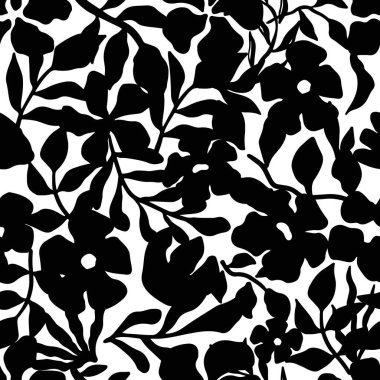 Beyaz arka planda siyah çiçek siluetleri ve yapraklarla kusursuz çiçek deseni. Kumaş, duvar kağıdı, ambalaj ve dijital projeler için şık botanik tasarımı. Modern tek renkli illüstrasyon