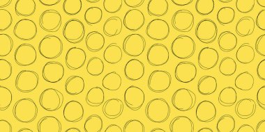 Sarı arka planda el çizimi daireler çizen kusursuz soyut desen. Oyuncu ve modern tasarım. Tekstil, duvar kağıtları, markalaşma, dijital baskı ve yaratıcı projeler için mükemmel..