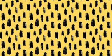 Sarı arka planda düzensiz siyah fırça darbeleri ile kusursuz soyut desen. Kumaş, duvar kağıdı, markalaşma ve yaratıcı projeler için modern sanat dokusu. Moda ve cesur el yapımı tasarım.