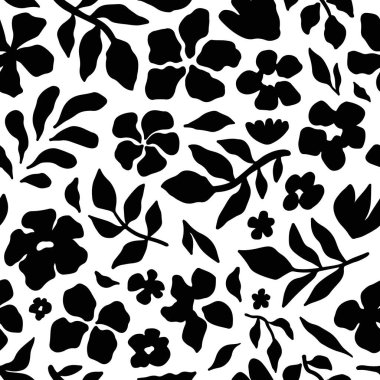Beyaz arka planda siyah çiçek siluetleri ve yapraklarla kusursuz çiçek deseni. Kumaş, duvar kağıdı, ambalaj kağıdı, tekstil ve dijital projeler için zarif botanik tasarımı. Vektör sanatı