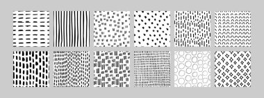 Kusursuz, siyah ve beyaz el çizimi desenler. Ambalaj, geçmiş, markalaşma, tekstil ve web tasarımı gibi modern tasarım projeleri için mükemmel. Minimalist ve şık estetik.