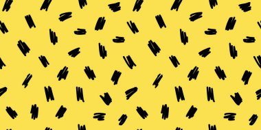 Sarı arka planda elle çizilmiş siyah çizgili kusursuz soyut desen. Oyuncu ve modern karalama tasarımı. Tekstil, markalaşma, ambalaj, duvar kağıtları ve dijital projeler için mükemmel.