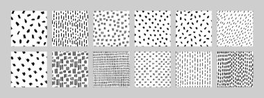Soyut çizgi ve vuruş tasarımları içeren bir dizi pürüzsüz siyah beyaz el çizimi desenleri. Markalaşma, ambalaj, kumaş baskıları, arka planlar ve minimalist grafik projeleri için ideal.