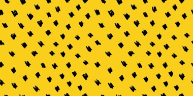 Sarı arka planda soyut siyah fırça darbeleriyle kusursuz desen. El yapımı, minimalist tasarım kumaş, duvar kağıdı, ambalaj kağıdı ve dijital arka plan için mükemmel. Vektör illüstrasyonu.