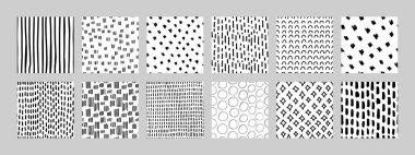 Minimalist siyah ve beyaz desenli, el çizimi desenli. Geometrik yıldızlar, noktalar ve çizgi desenlerini içerir. Kumaş, ambalaj, markalaşma ve ev dekorasyonu projeleri için uygun. Vektör sanatı