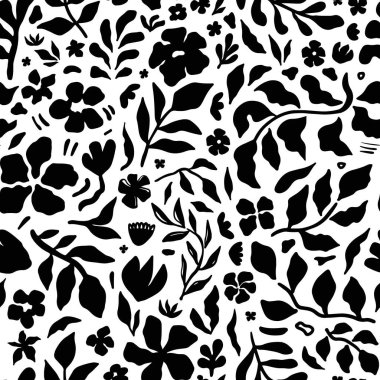 Elle çizilmiş siyah çiçek desenleri ve beyaz arka planda yapraklar. Kumaş, duvar kağıdı, ambalaj ve tekstil dekorasyonu için modern botanik tasarımı