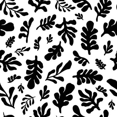Beyaz arka planda soyut siyah yapraklar ve yeşillik siluetleri olan kusursuz botanik desenler. Modern doğa tekstil, duvar kağıdı, ambalaj ve yaratıcı projeler için ilham kaynağı oldu. Vektör sanatı