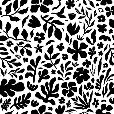 Beyaz arka planda siyah botanik siluetleri olan kusursuz çiçek desenleri. Zarif el çizimi çiçekler ve yapraklar tekstil, duvar kağıdı, ambalaj ve dijital projeler için. Modern monokrom tasarımı