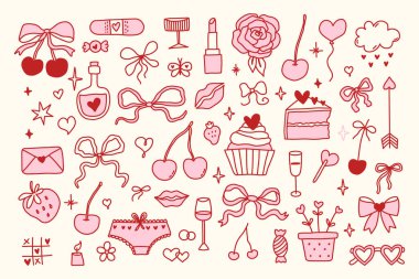 Sevgililer günü için el yapımı coquette elementleri, düğün davetiyesi, doğum günü kartı. Şirin kız selamları, kalpler, kurdeleler, kiraz, pasta, kalp, çilek. Klasik zarif vektör illüstrasyonu.