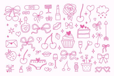 Beyaz arka planda pembe sevgililer günü karalaması. Elle çizilmiş kalpler, yaylar, şekerler, lolipoplar, kirazlar ve aşk notları. Kağıtlar, çıkartmalar, davetiyeler ve dekorlar için hoş bir kız çizgisi. Tuhaf bir sanat.