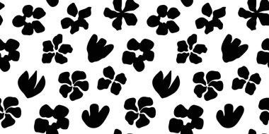 Kusursuz siyah ve beyaz desenli, soyut çiçek ve yapraklı. Tekstil, duvar kağıtları, ambalaj kağıtları, markalaşma için modern minimalist botanik tasarım. Modaya uygun tek renkli arkaplan.