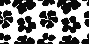 Beyaz arka planda koyu siyah çiçek siluetleri olan minimalist, pürüzsüz çiçek deseni. Tekstil, duvar kağıtları, ambalaj kağıtları ve modern yaratıcı projeler için şık botanik tasarımı. Vektör sanatı