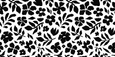 Beyaz arka planda siyah çiçek siluetleri ve yapraklarla kusursuz çiçek deseni. Kumaş, duvar kağıdı, ambalaj kağıdı, tekstil ve dijital projeler için zarif botanik tasarımı. Vektör sanatı