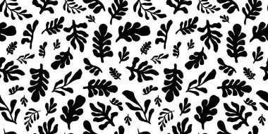 Beyaz arka planda soyut siyah yapraklar ve yeşillik siluetleri olan kusursuz botanik desenler. Modern doğa tekstil, duvar kağıdı, ambalaj ve yaratıcı projeler için ilham kaynağı oldu. Vektör sanatı