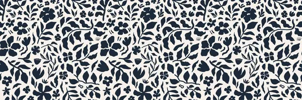 Elle çizilmiş siyah çiçek desenleri ve beyaz arka planda yapraklar. Kumaş, duvar kağıdı, ambalaj ve tekstil dekorasyonu için modern botanik tasarımı