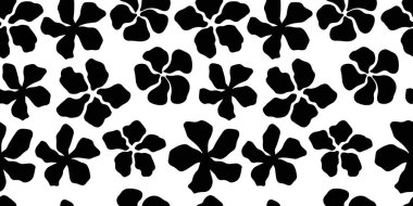 Beyaz arka planda koyu siyah çiçek siluetleri olan minimalist, pürüzsüz çiçek deseni. Tekstil, duvar kağıtları, ambalaj kağıtları ve modern yaratıcı projeler için şık botanik tasarımı. Vektör sanatı