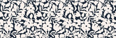 Beyaz çiçek siluetleri ve siyah arka planda yaprakları olan kusursuz çiçek desenleri. Kumaş, duvar kağıdı, ambalaj ve dijital projeler için şık botanik tasarımı. Modern tek renkli illüstrasyon
