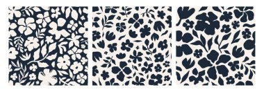 Donanma ve krem tonlarında kusursuz soyut çiçek desenleri koleksiyonu. Modern minimal tasarım, tekstil, kumaş, ambalaj kağıdı, duvar kağıdı, arka plan ve yüzey dekorasyonu için mükemmel. Vektör sanatı