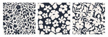 Soyut çiçek desensiz desen seti. Cesur, soyut çiçek tasarımı kusursuz bir biçimde. Moda baskılar, ev yapımı tekstil ve dijital tasarım için harika. Siyah ve beyaz vektör çizimi