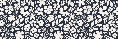 Beyaz arka planda siyah çiçekli siluetleri olan zarif, pürüzsüz bir desen. Çiçekli ve yapraklı modern botanik tasarımı tekstil, duvar kağıdı, ambalaj ve yaratıcı projeler için