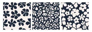 Soyut çiçek desensiz desen seti. Temiz bir şekilde soyut, çiçeksiz, şık bir desen. Paketleme, duvar sanatı ve moda malzemeleri için mükemmel. Vektör illüstrasyonu