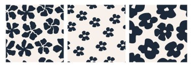 Soyut çiçek desensiz desen seti. Siyah ve beyaz renkli, soyut çiçek elementleriyle düz botanik desen. Yaratıcı kumaş ve kağıt ürünü tasarımları için mükemmel. Vektör illüstrasyonu