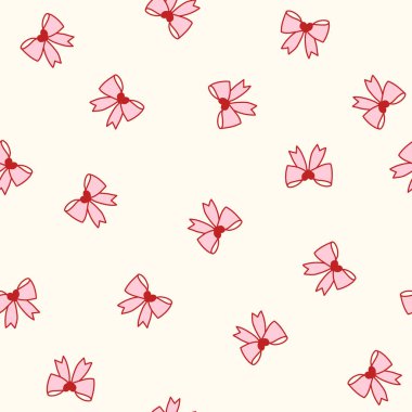 Tatlı pembe kurdeleleri ve yumuşak krem arka planında kırmızı kalpleri olan kusursuz bir çift yumurta deseni. Bu romantik ve kız işi tasarım kağıt, kırtasiye ve kumaş sarmak için mükemmel. Vektör illüstrasyonu.