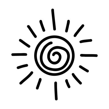 Koyu siyah çizgileri ve ışıldayan ışınları olan asgari el çizimi güneş ikonu. Dövme tasarımı, çıkartmalar, logolar, web elementleri, çocuk sanatı ve yaz temalı grafikler için basit bir boho estetiği. Vektör sanatı