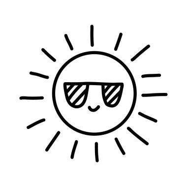 Güneş gözlüklü ve gülümseyen karikatür güneşi. Siyah çizgide el çizimi karalama tarzı. Çocuklar için eğlenceli bir yaz illüstrasyonu, boyama sayfaları, çıkartmalar, tişörtler, posterler ve dijital baskılar. Vektör sanatı