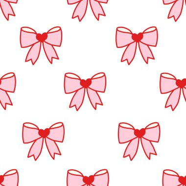 Pembe yay ve beyaz arka planda kırmızı kalplerle kusursuz çiftleşme deseni. Romantik ve kadınsı estetik ambalaj kağıdı, kumaş, kırtasiye, duvar kâğıdı ve şirin ambalajlar için mükemmel. Vektör sanatı