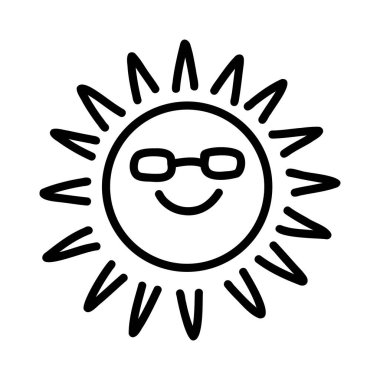 Güneş gözlüklü ve gülümseyen karikatür güneşi. Siyah çizgide el çizimi karalama tarzı. Çocuklar için eğlenceli bir yaz illüstrasyonu, boyama sayfaları, çıkartmalar, tişörtler, posterler ve dijital baskılar. Vektör sanatı