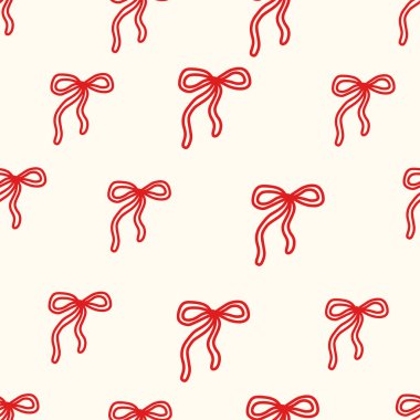 Yumuşak krem arka planında elle çizilmiş kırmızı fiyonklu kusursuz çiftleşme deseni. Kadınsı, romantik ve eğlenceli estetik. Tekstil, duvar kağıdı, ambalaj ve kız dekorasyonu için mükemmel. Vektör illüstrasyonu