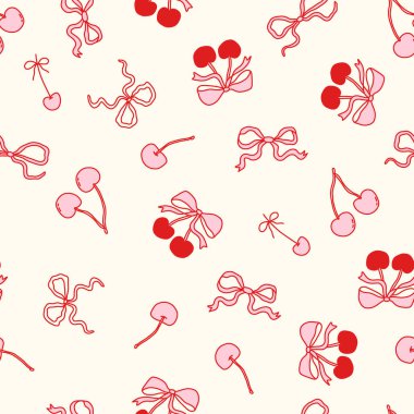 Pembe ve kırmızı kirazlar ve krema arkaplanında sevimli fiyonklar olan kusursuz bir çift yumurta deseni. Kız ve romantik el yapımı tasarım, kumaş, kırtasiye, ambalaj ve dekor için mükemmel. Vektör illüstrasyonu