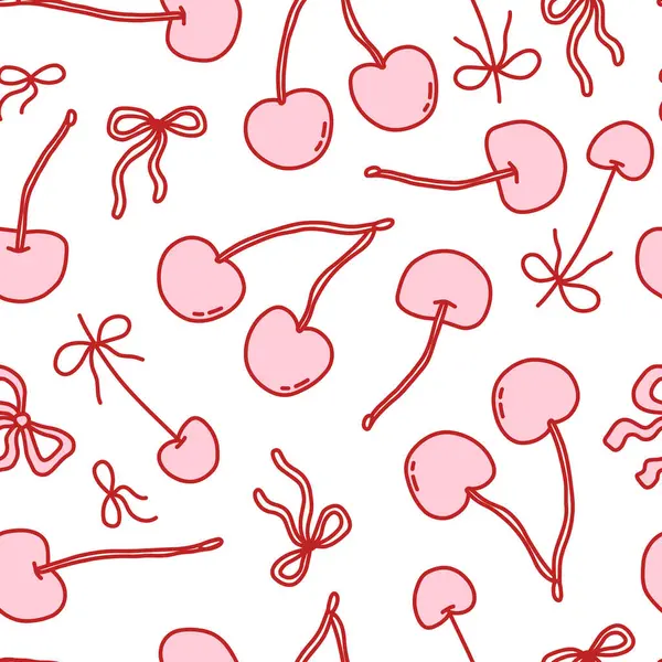 Pembe kirazlar ve beyaz arka planda kırmızı fiyonklar ile kusursuz çiftleşme deseni. Romantik bir el yapımı, sevimli ve flörtöz bir tasarım. Tekstil, ambalaj kağıdı ve dekor için mükemmel. Vektör.