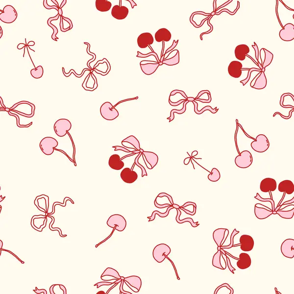 Pembe ve kırmızı kirazlar ve krema arkaplanında sevimli fiyonklar olan kusursuz bir çift yumurta deseni. Kız ve romantik el yapımı tasarım, kumaş, kırtasiye, ambalaj ve dekor için mükemmel. Vektör illüstrasyonu