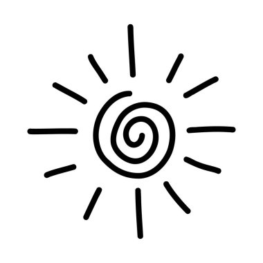 Koyu siyah çizgileri ve neşeli ışınları olan el yapımı spiral güneş logosu. Minimum karalama stili. Yaz tasarımları, çocuk baskıları, boho dekoru, çıkartmalar, boyama kitapları ve markalaşma için mükemmel. Vektör