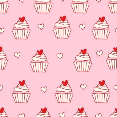 Üzerinde kalpler ve pembe arka planda küçük karalamalar olan sevimli kapkekleri olan kusursuz bir cinsel ilişki deseni. Kumaş, kırtasiye ve ambalaj kağıdı için kız gibi, romantik ve oyuncu bir tasarım. Vektör sanatı