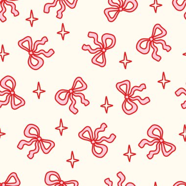 Yumuşak krem arka planında elle çizilmiş kırmızı fiyonklu kusursuz çiftleşme deseni. Kadınsı, romantik ve eğlenceli estetik. Tekstil, duvar kağıdı, ambalaj ve kız dekorasyonu için mükemmel. Vektör illüstrasyonu