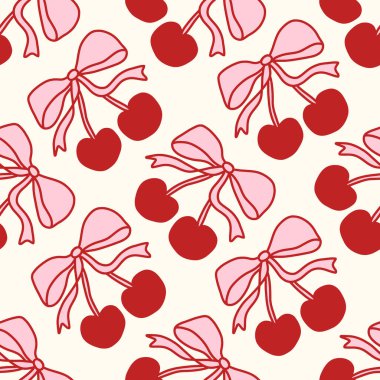 Pembe ve kırmızı kirazlar ve krema arkaplanında sevimli fiyonklar olan kusursuz bir çift yumurta deseni. Kız ve romantik el yapımı tasarım, kumaş, kırtasiye, ambalaj ve dekor için mükemmel. Vektör illüstrasyonu