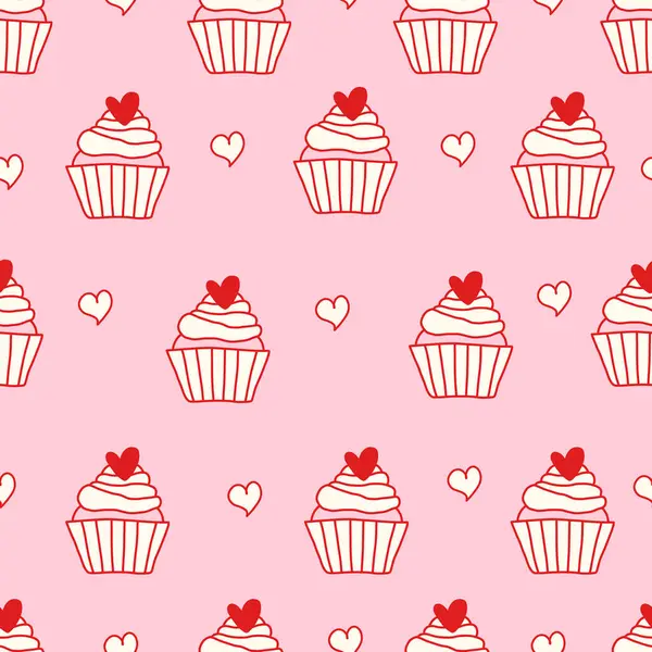 Üzerinde kalpler ve pembe arka planda küçük karalamalar olan sevimli kapkekleri olan kusursuz bir cinsel ilişki deseni. Kumaş, kırtasiye ve ambalaj kağıdı için kız gibi, romantik ve oyuncu bir tasarım. Vektör sanatı