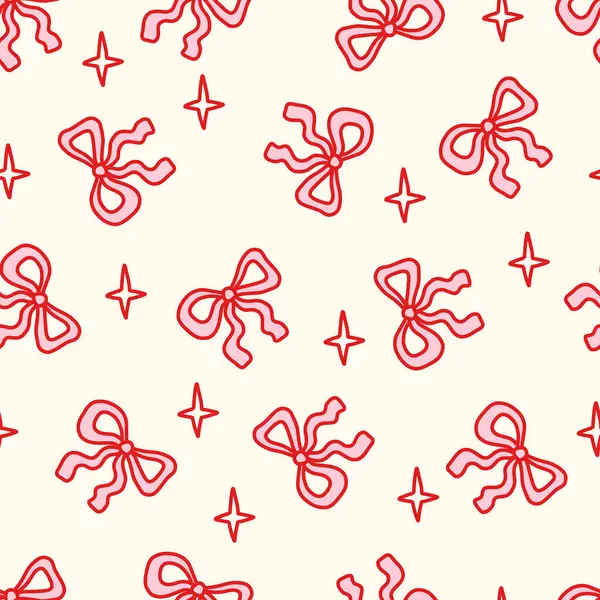 Yumuşak krem arka planında elle çizilmiş kırmızı fiyonklu kusursuz çiftleşme deseni. Kadınsı, romantik ve eğlenceli estetik. Tekstil, duvar kağıdı, ambalaj ve kız dekorasyonu için mükemmel. Vektör illüstrasyonu