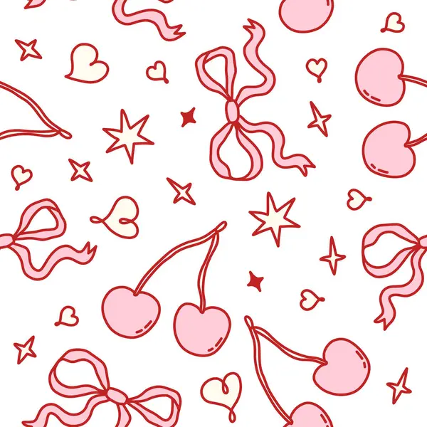 Beyaz arka planda pembe fiyonklarla bağlanmış kırmızı kirazlı, pürüzsüz bir desen. Kumaş, ambalaj kağıdı, kırtasiye malzemesi, dijital tasarım ve romantik projeler için sevimli ve kadınsı bir estetik. Vektör sanatı