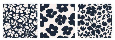 Siyah ve beyaz renklerde soyut, dikişsiz desen. Soyut çiçeklerle dekoratif tekrarlama deseni. Zarif baskı projeleri, arka planlar ve ev dekorasyonu için harika. Vektör illüstrasyonu