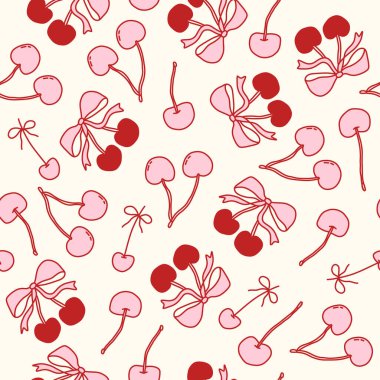 Pembe arka planda pembe fiyonklarla bağlanmış kırmızı kirazlı, çiftleşik, pürüzsüz desen. Kumaş, ambalaj kağıdı, kırtasiye malzemesi, dijital tasarım ve romantik projeler için sevimli ve kadınsı bir estetik. Vektör sanatı