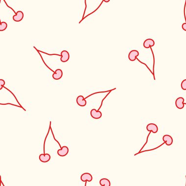 Krema arka planında kırmızı kirazlı, pürüzsüz koka desenli. Kumaş, ambalaj kağıdı, kırtasiye malzemesi, dijital tasarım ve romantik projeler için sevimli ve kadınsı bir estetik. Vektör sanatı