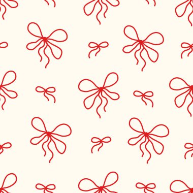 Yumuşak krem arka planında elle çizilmiş kırmızı fiyonklu kusursuz çiftleşme deseni. Kadınsı, romantik ve eğlenceli estetik. Tekstil, duvar kağıdı, ambalaj ve kız dekorasyonu için mükemmel. Vektör illüstrasyonu