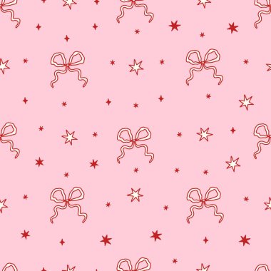 Kırmızı el yayı ve pastel pembe arka planda parıldayan yıldızlarla kusursuz bir çiftleşme deseni. Kadınsı kumaş, ambalaj kağıdı, telefon kılıfları, kırtasiye malzemeleri ve dijital kullanım için ideal. Vektör sanatı